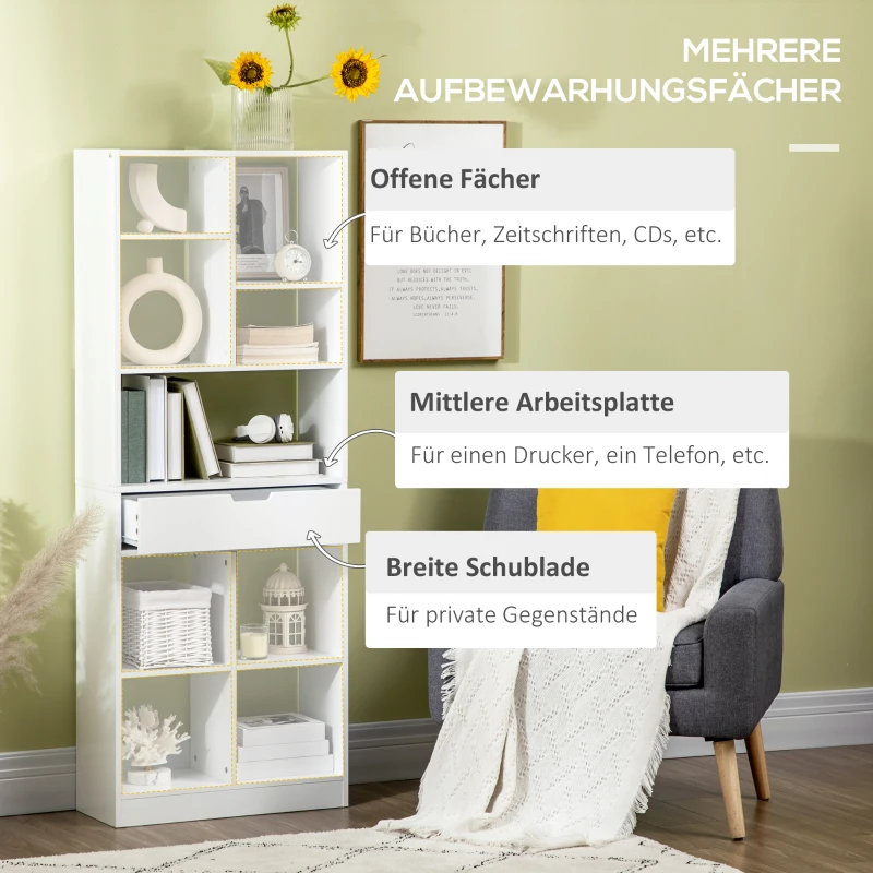 HOMCOM Bücherregal mit 9 Regalen und 1 Schublade, inkl. Anti-Kippsicherung, 60 cm x 26 cm x 158 cm, Weiß