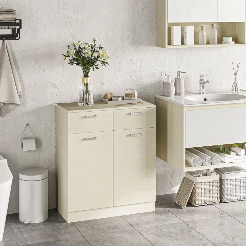HOMCOM Armario Auxiliar de Baño con 2 Cajones Aparador Auxiliar de Almacenaje para Cocina 68x34x80 cm Madera Natural