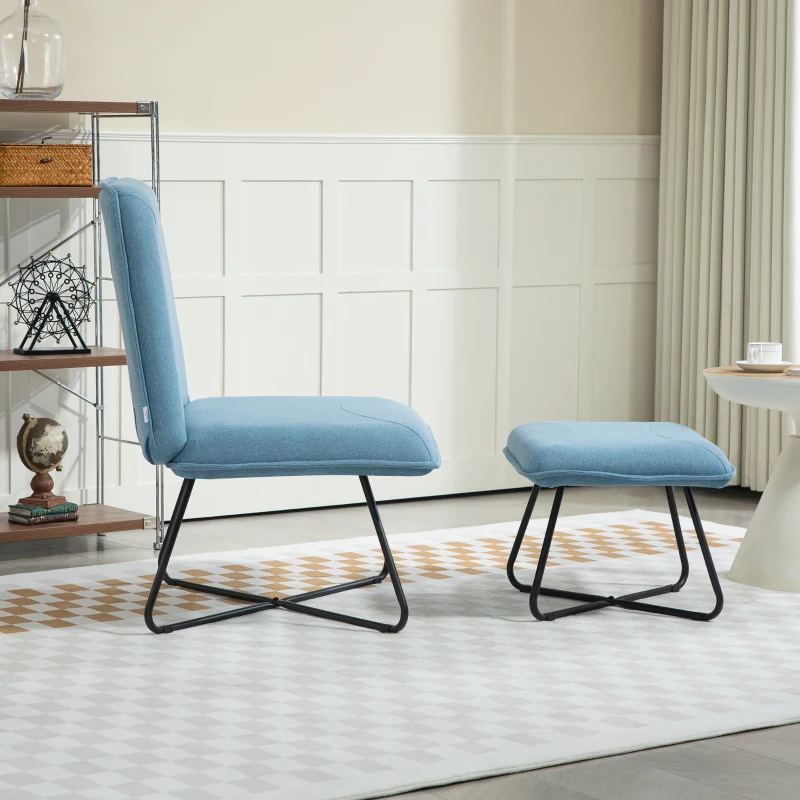 HOMCOM Butaca con Reposapiés Sillón para Lectura con Patas de Acero en Forma de Cruz Azul Claro