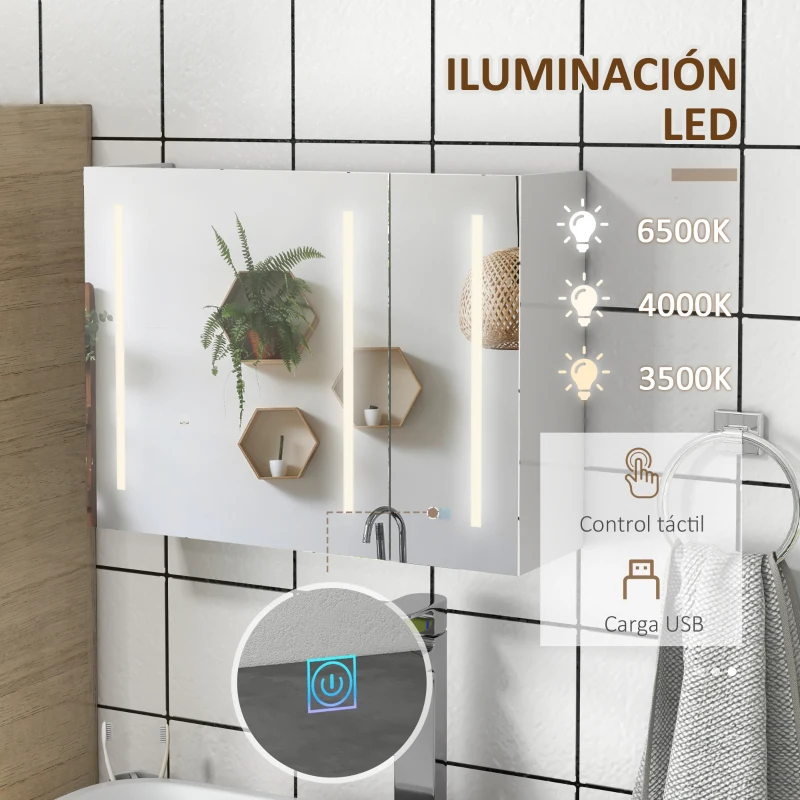 kleankin Armario con Espejo de Baño con 3 Puertas Estantes Ajustables Interruptor Táctil y USB 90x15x70 cm Blanco Brillante