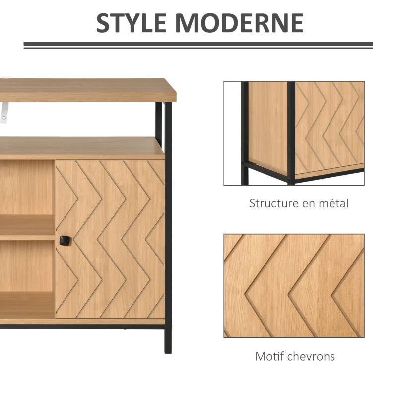 HOMCOM Meuble de rangement buffet style graphique 2 placards porte avec étagère 2 niches étagère grand plateau métal noir MDF aspect chêne clair
