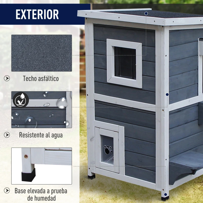 PawHut Caseta para Gatos de Madera Exterior Casa para Gatos de 2 Pisos con Techo Abrible Ventanas y 2 Plataformas para Terraza Balcón Jardín 51x51x81,3 cm Gris