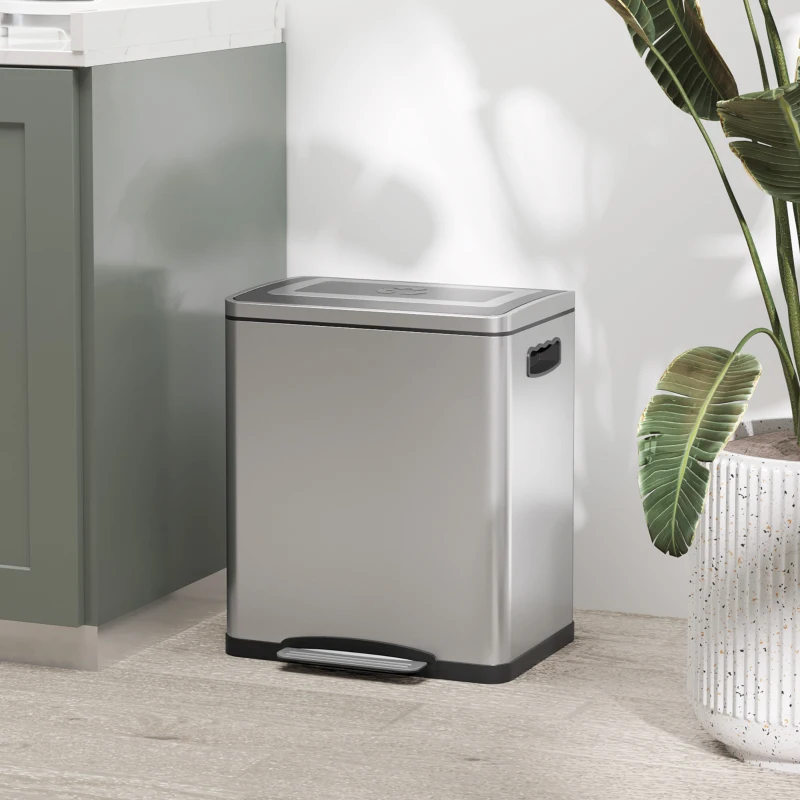 HOMCOM Bidone Immondizia a 2 Sezioni da 15L a Pedale con Coperchio Silenzioso, in Acciaio Inox e PP, 40x34.8x47.5 cm