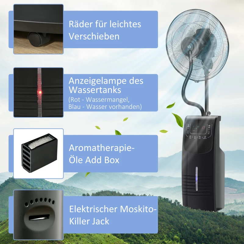 HOMCOM Ventilator mit Wasserkühlung, Standventilator mit Sprühnebel, Fernbedienung, oszillierend, Timer, 3,1 L Wassertank, 3 Modi, 90 W Wasserventilator mit Rollen, 135 cm