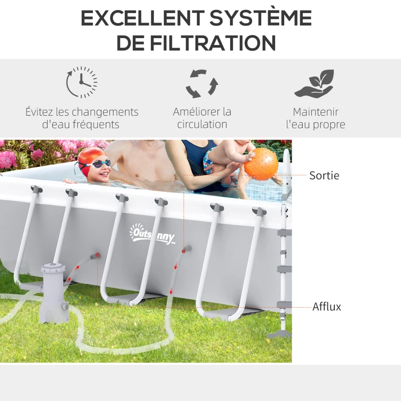 Outsunny Piscine rectangulaire hors-sol tubulaire avec échelle, pompe et filtre, acier et PVC - 425L x 230l x 101H cm, gris
