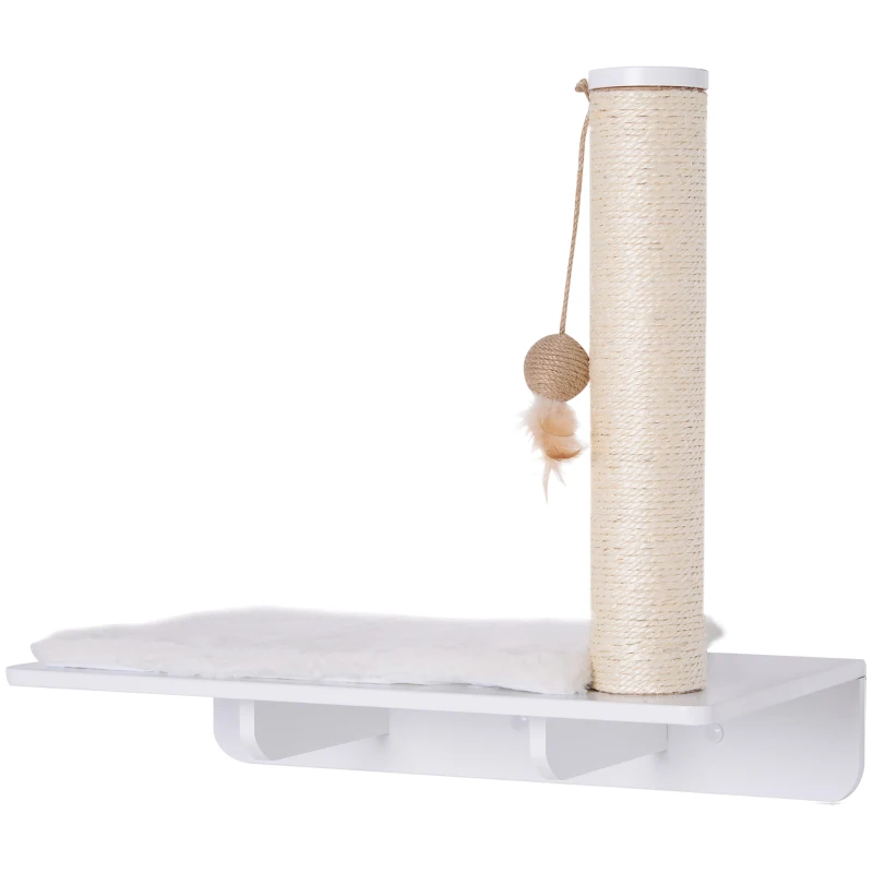 PawHut Kletterwand Katzen, Wandkratzbaum, Katzenliege mit Kratzbaum,53cm Katzenregal mit Ballspielzeug, Plüschauflage, Katzenkratzbaum, Katzensäule, Weiß