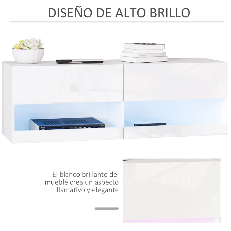 HOMCOM Mueble de TV de Pared con luces LED y Mando a Distancia Mueble Colgante en Blanco de Alto Brillo para Salón Dormitorio Carga 30 kg 120x35x40,5 cm