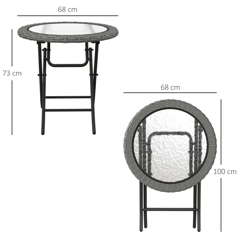 Outsunny Folding Rattan Garden Dining Table, 68 cm Round Rattan Garden Table with Water Ripple Tempered Glass Top, Wicker Edging  and Steel Frame for Outdoor, Patio, Grey