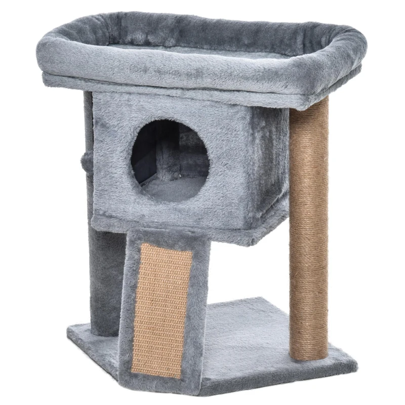PawHut Kratzbaum 57 cm Kleiner Katzenbaum mit Katzenhöhle, Liegeplattform, Katzenkratzbaum mit Kratzbrett, Spielball, Katzenmöbel für Katzen bis 5 kg Hellgrau