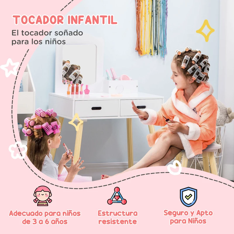 ZONEKIZ Tocador de Madera Infantil con Taburete y Espejo Centro de Belleza con 2 Cajones para 3-6 Años 60x40x95cm Blanco