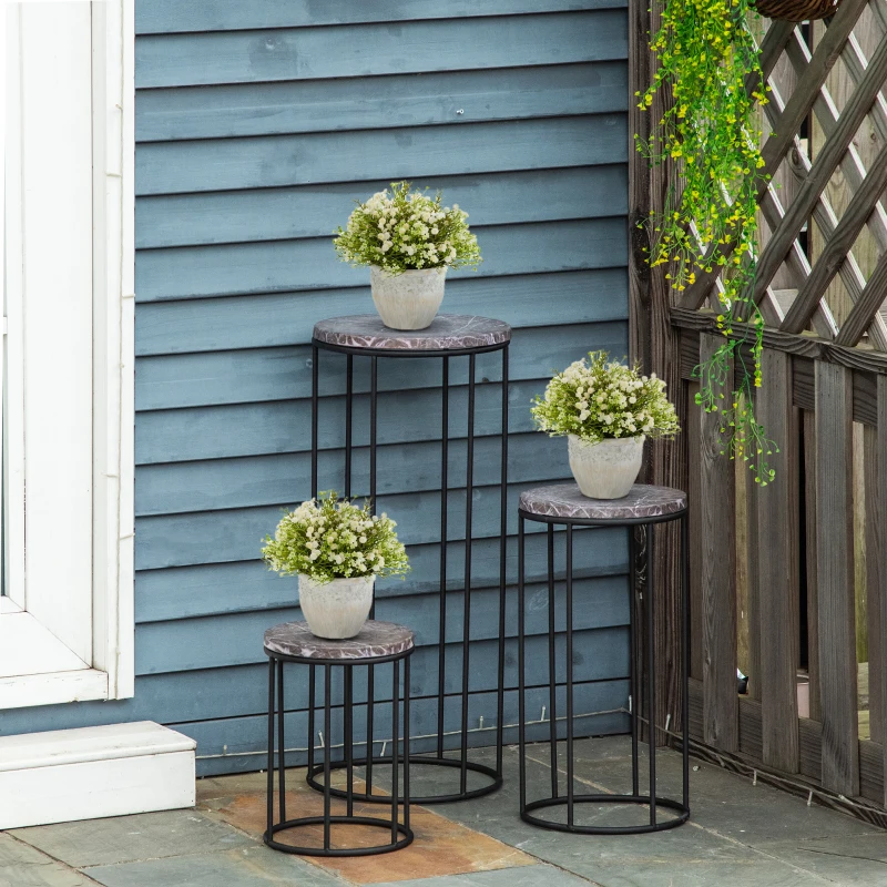Outsunny Blumenständer 3er Set aus Metall Pflanzenständer Set in Marmoroptik Blumenhocker Blumentopfhalter Stapelbar Pflanzenhocker für Blumentopf Schwarz+Grau