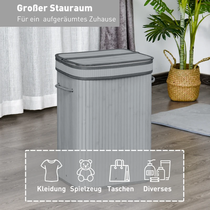 HOMCOM Wasmand, 70 L Wasverzamelaar met Deksel, Uitneembaar Binnenfutter, Wasbox voor Badkamer, 40 x 30 x 60 cm, Grijs