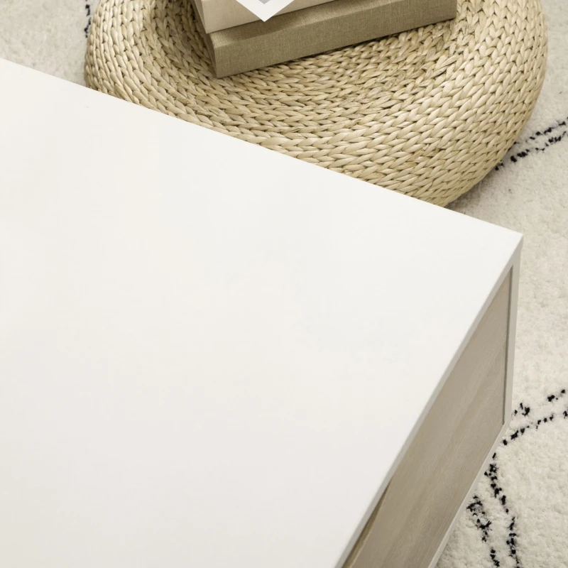 HOMCOM Couchtisch im Skandi-Design, 2 Regale, 2 Schubladen, 106 cm x 58 cm x 39,5 cm, Weiß + Natur