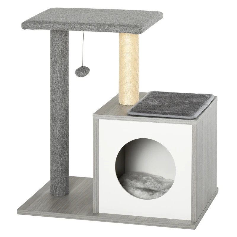 PawHut Holz Kratzbaum Katzenbaum Kletterbaum für Katzen, Kätzchen Möbel mit Katzenhöhle, Spielhaus, Katzenspielzeug und Plüschkissen Grau&Weiß 59x39x62 cm