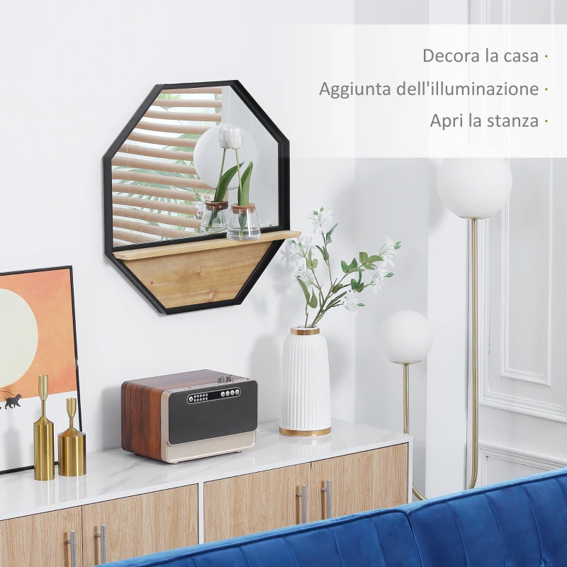HOMCOM Specchio da Parete Ottagonale in Metallo con Mensola in Legno, 61x61cm Nero