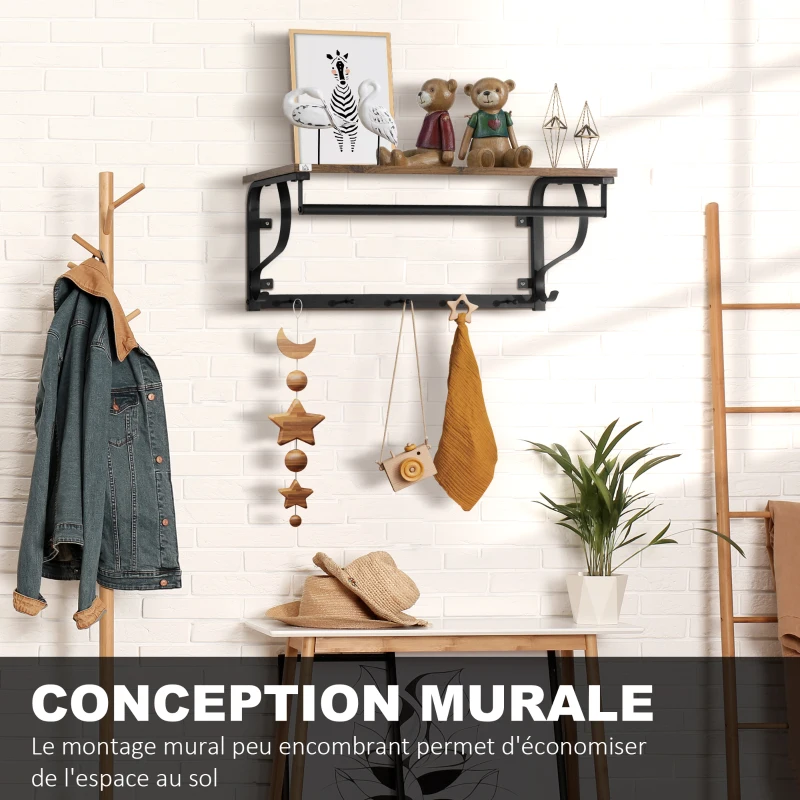 HOMCOM Porte-manteau Étagère Murale Flottante Meuble Entrée, Vestiaire, Style Industrielle avec Crochets et Tringle - en métal pour Cuisine, Salon, Chambre et Salle de Bain