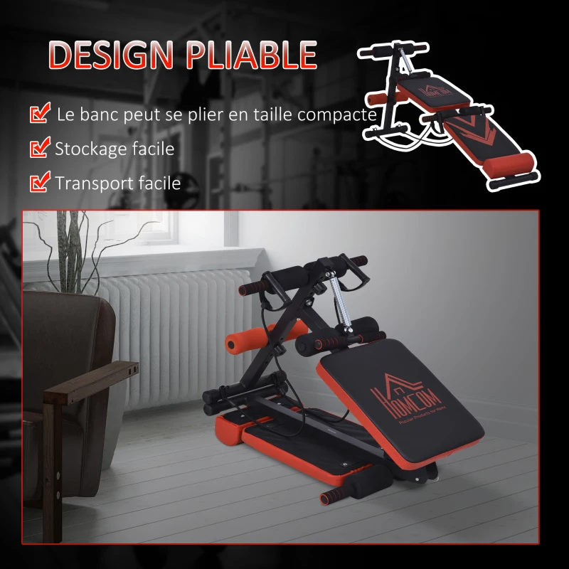 HOMCOM Banc de musculation pliable appareil à abdo hauteur réglable 135L x 48l x 61-68H cm 2 bandes de résistances + ressort central traction acier noir rouge