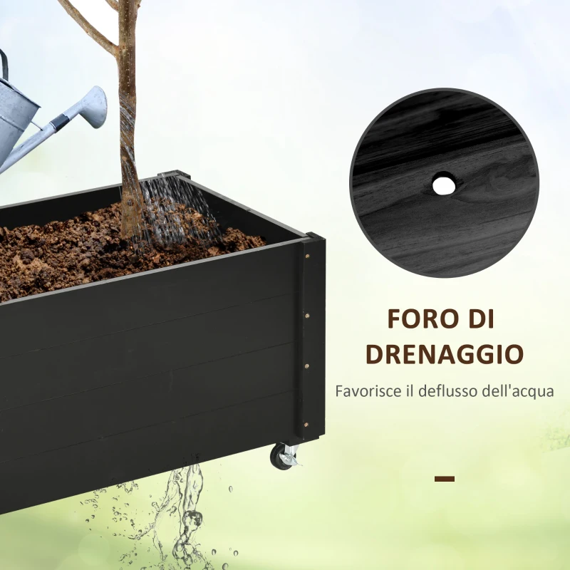 Outsunny Fioriera da Giardino con Foro di Drenaggio e Rotelle, in Legno di Abete, 89x48x47 cm, Nera