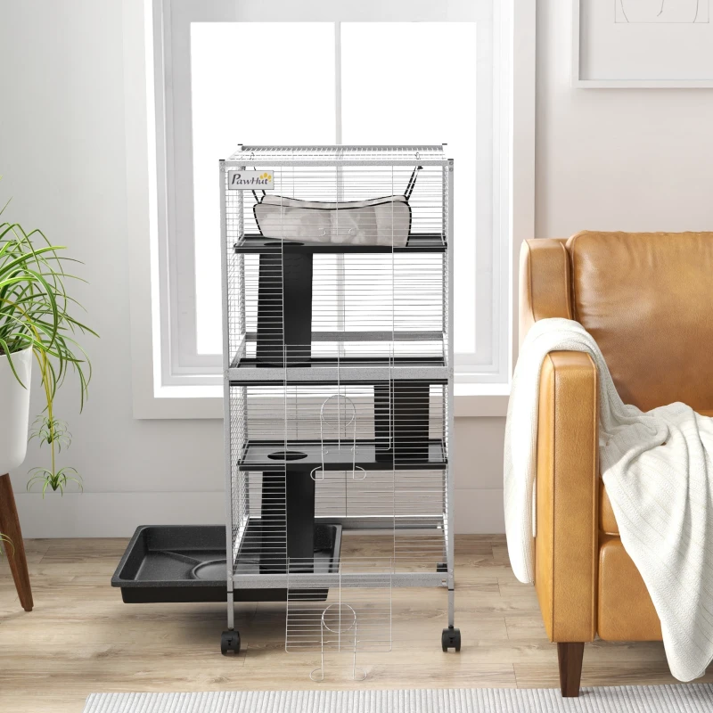 PawHut Jaula para Animales Pequeños con Ruedas 2 Puertas 3 Rampas Hamaca Colgante y Bandeja Extraíble 52x52x113,5cm Gris