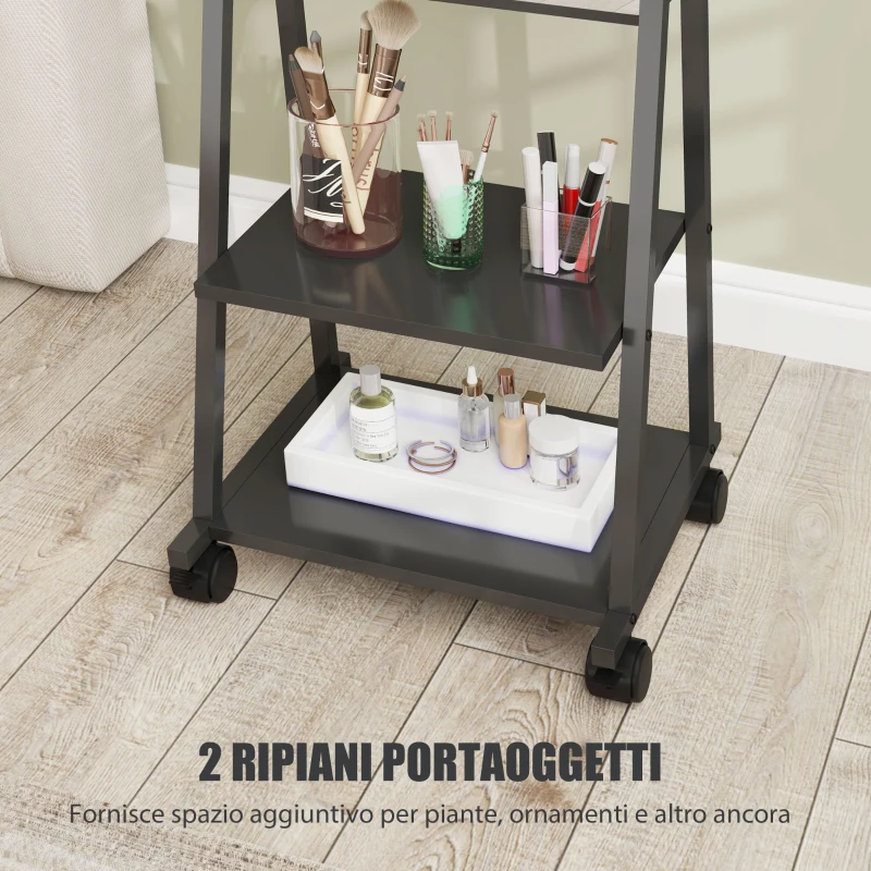 HOMCOM Specchio Verticale da Terra con 2 Ripiani e 4 Rotelle, in Acciaio e Legno, 42x37x155 cm, Nero