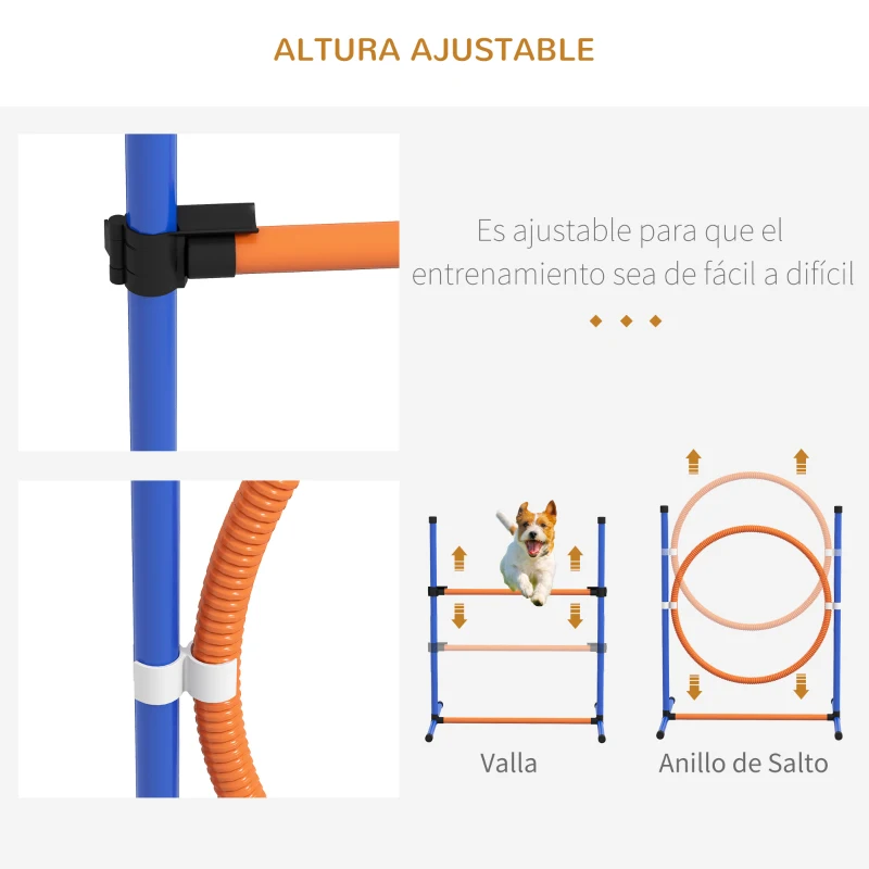 PawHut Juego de Agilidad para Perros de 4 Piezas con Piquetes para Slalom Zona de Reposo Valla y Anillo de Salto Naranja y Azul