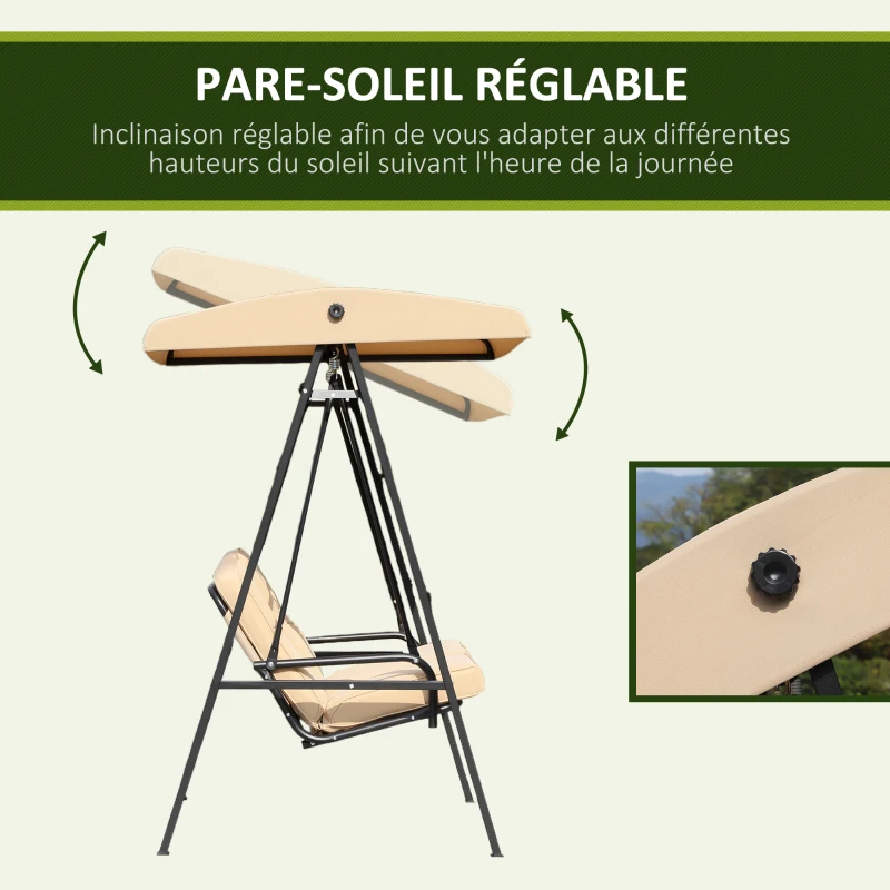 HOMCOM Balancelle de Jardin 2 Places Grand Confort Coussins d'assise et Dossier fournis accoudoirs Pare-Soleil Sable