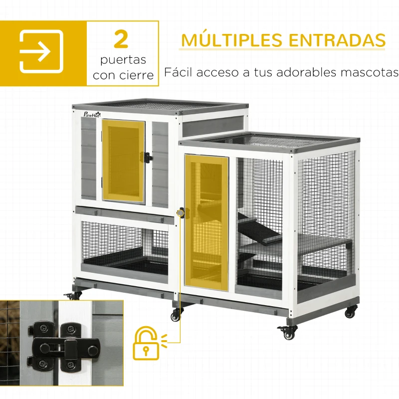 PawHut Jaula para Conejos 2 Niveles de Madera con 6 Ruedas 2 Escaleras 3 Bandejas Extraíbles y Zona Abierta 110x50x86 cm Gris