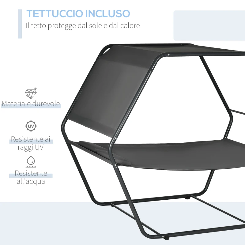 Outsunny Lettino Prendisole Reclinabile a 2 Posti in Acciaio con Cuscino e Tetto Parasole, 210x140x177 cm, Grigio