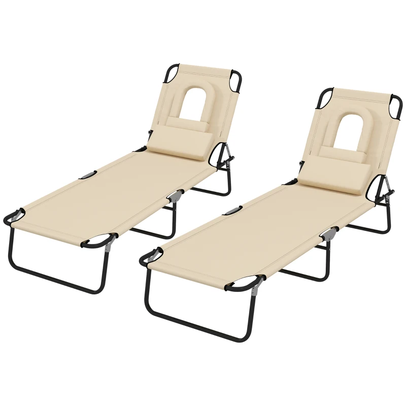 Outsunny Outdoor Folding Sun Lounger Set of 2 with Face Hole, 4 Level Adjustable Backrest Reclining Garden Lounger, Garden Recliner Sunbed with 600 D Oxford Cloth Seat and Pillow for Beach, Sand