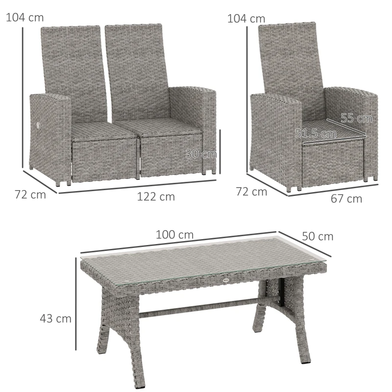 Outsunny 4 Piece Rattan Garden Furniture Set Outdoor Sofa Sectional Set with Glass Top Table for Poolside, Navy Blue