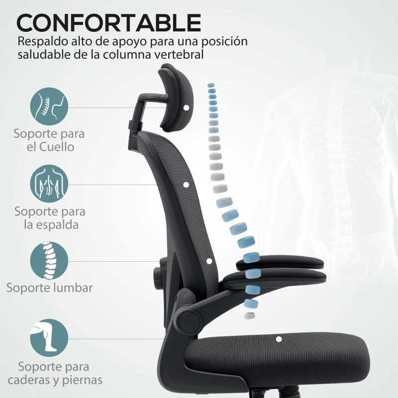 HOMCOM Silla de Escritorio de Malla Transpirable con Altura Ajustable Reposacabezas y Soporte Lumbar Ajustables Negro
