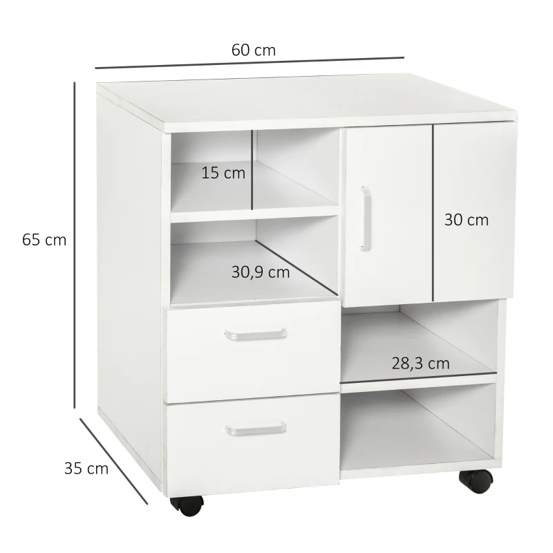 HOMCOM Aktenschrank, Druckerständer, Rollwagen mit 2 Schubladen+1 Schrank, Spanlatte, Weiß, 60 x 65 x 35 cm