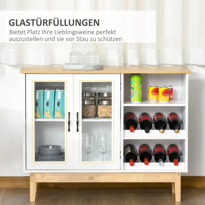 HOMCOM Weinschrank mit Glastür Küchenschrank Sideboard Weinregal für 8 Flaschen Beistellschrank mit offenem Regal Flaschenständer Anti-Kipp-Design MDF Weiß+Natur 103 x 34 x 80