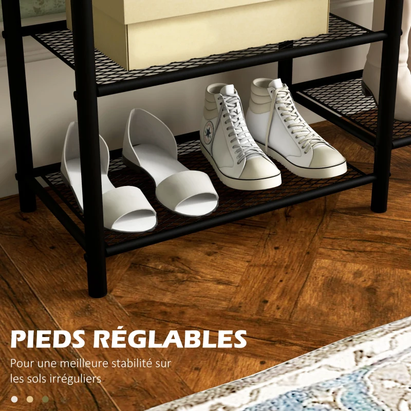 HOMCOM Meuble d'entrée 2 en 1 design industriel porte-manteaux et étagères à chaussures en acier 92,5 x 28,2 x 182 cm noir