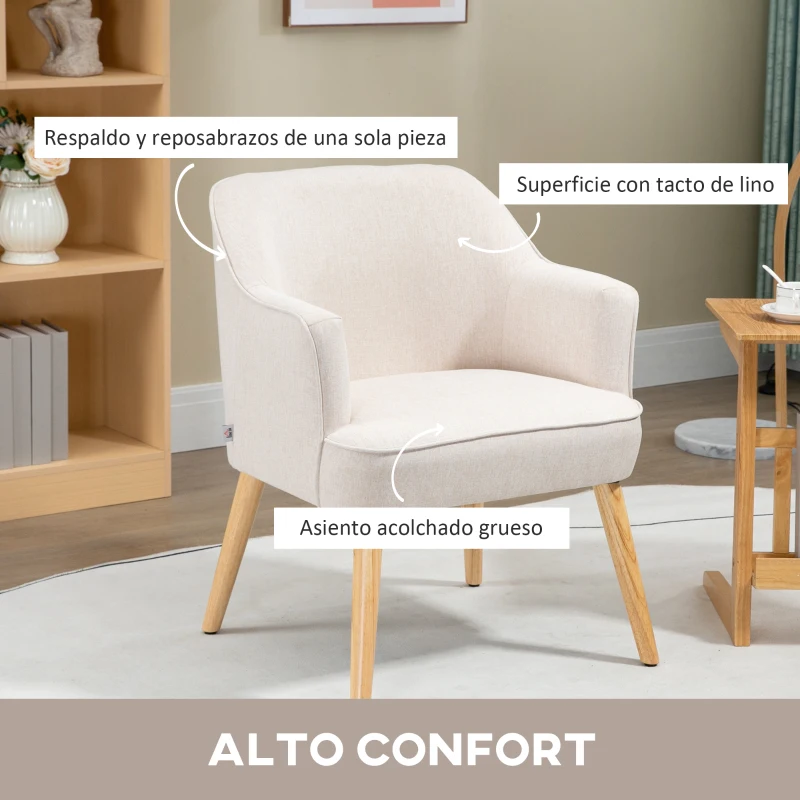HOMCOM Butaca de Salón Moderna Sillón Tapizado en Lino Sintético Patas de Madera para Dormitorio Oficina 64,5x65x79,5 cm Crema