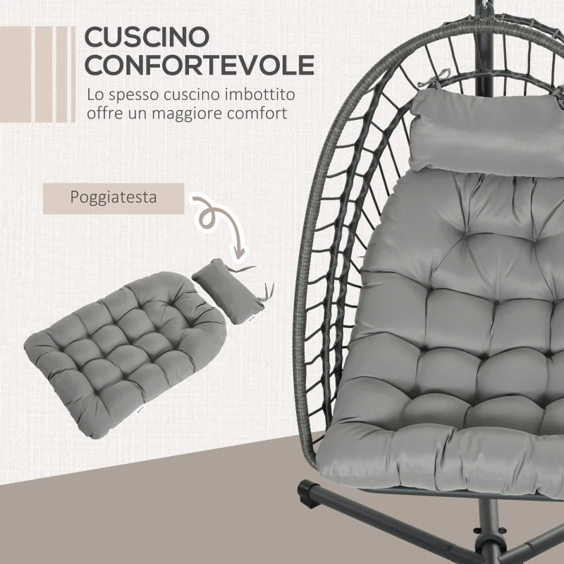 Outsunny Poltrona Sospesa in Rattan PE con Cuscino, Seduta Pieghevole e Struttura in Acciaio, Grigio