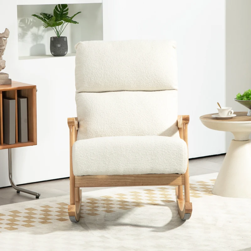 HOMCOM Silla Mecedora de Borreguito con Patas y Reposabrazos de Madera de Haya Mecedora para Lactancia Carga 120 kg Crema(m-8)