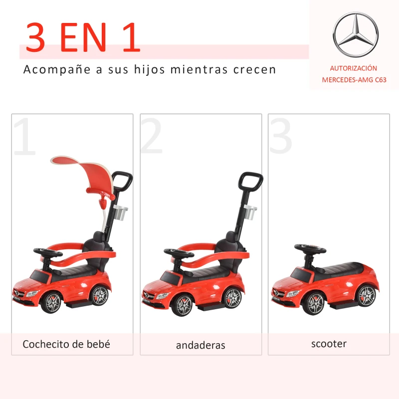 HOMCOM Correpasillo para Niños Mayores de 1 Año Cochecito Automóvil Diseño 3 en 1 Empujador Andador Función de Bocina con Capota Reposapiés Portavasos 84x40x83 cm Rojo