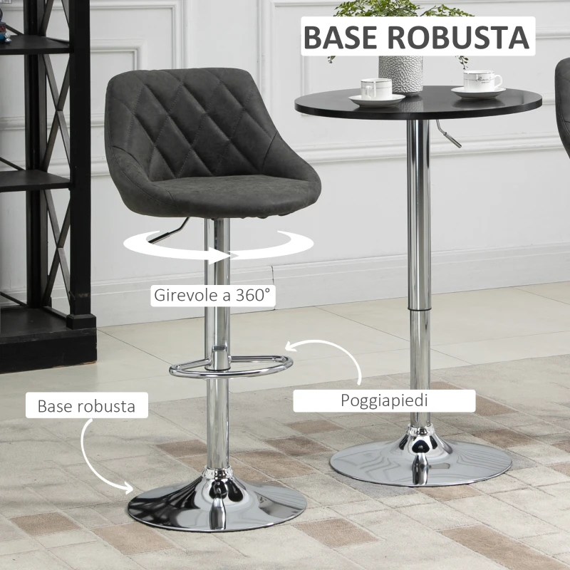 HOMCOM Set 2 Sgabelli da Bar con Altezza Regolabile, Base in Metallo e Seduta Finta Pelle, Sgabelli Alti Moderni Girevoli con Schienale e Poggiapiedi 46x48x83-104cm, Grigio Scuro