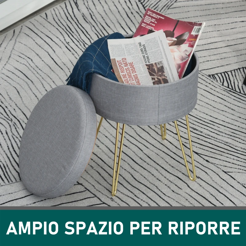 Homcom Sgabello Rotondo con Vano Contenitore in Tessuto Grigio e Oro 36x36x45cm