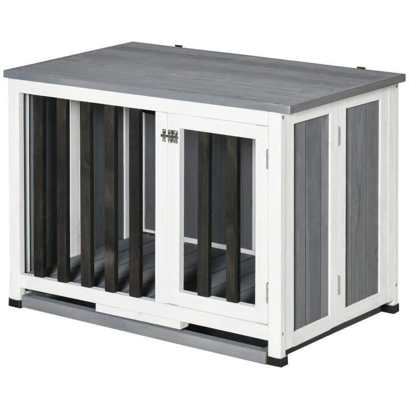 PawHut Jaula para Perros Plegable Mueble Perrera de Madera con Techo Abatible y Bandeja Extraíble 84,5x51,4x61 cm Gris