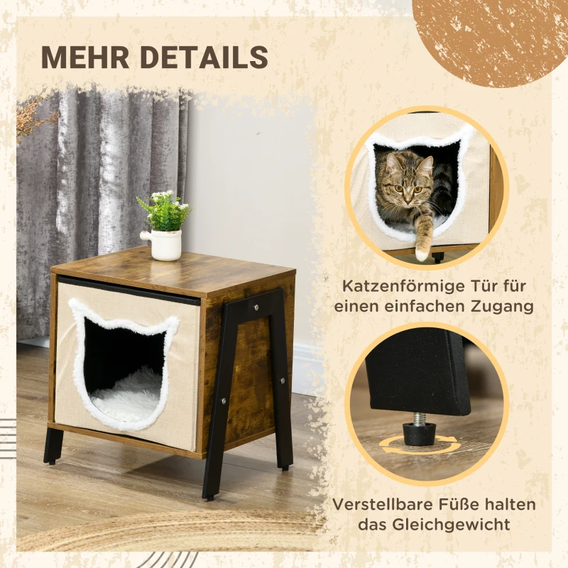 PawHut Katzenhöhle im Industriedesign inkl. Kissen, Katzenhaus, waschbares Kissen, Braun + Weiß