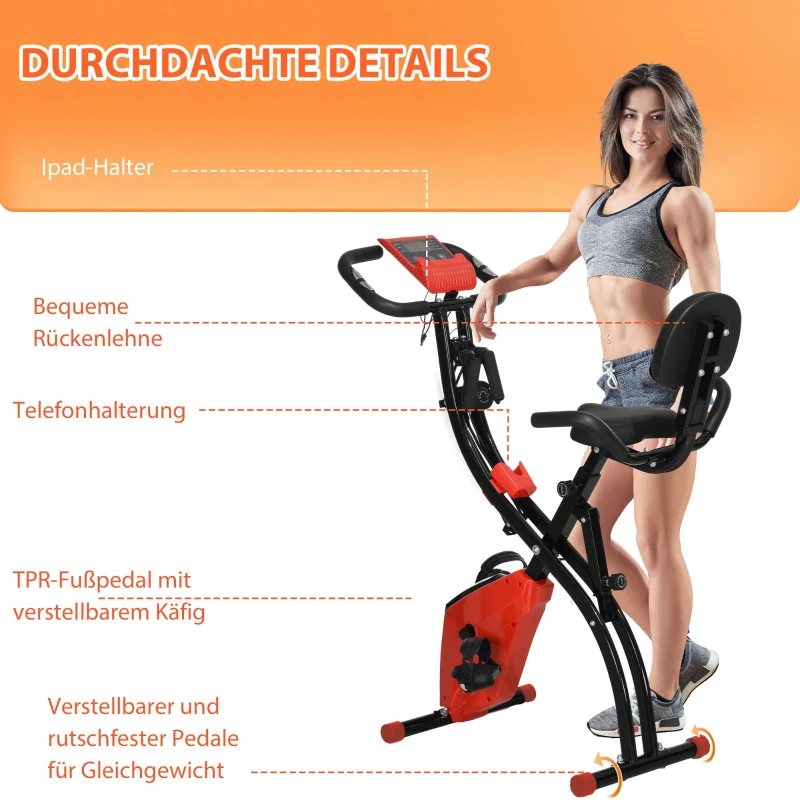 HOMCOM Heimtrainer X-Bike 2-in-1 Fahrradtrainer mit LCD-Display,Pulsmesser, klappbarer Hometrainer Trimmrad mit 8 stufig Magnetwiderstand, 1 Paar Spannseil, Stahl Rot 105x48x118 cm
