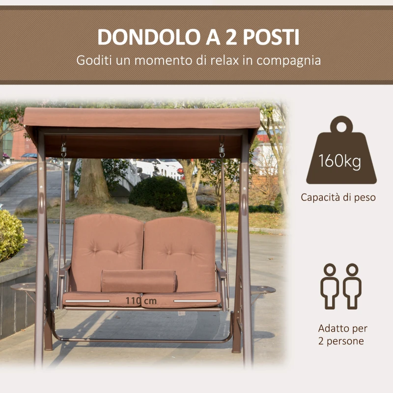 Outsunny Dondolo da Giardino 2 Posti con Tettuccio Regolabile e Porta Bicchieri, 157x118x180 cm, Marrone