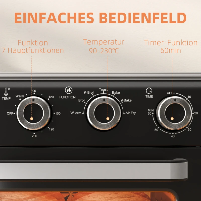 HOMCOM Minibackofen, 20L, 5 Funktionen, 360° Heißluft, Grillrost, Krümelblech, Schwarz(m-7)