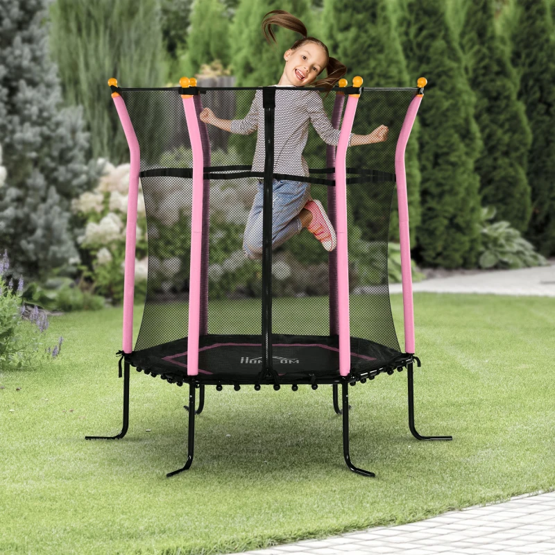 HOMCOM Cama Elástica Infantil Trampolín para Niños +3 Años con Red de Seguridad Ø163,5x163,5 cm Rosa