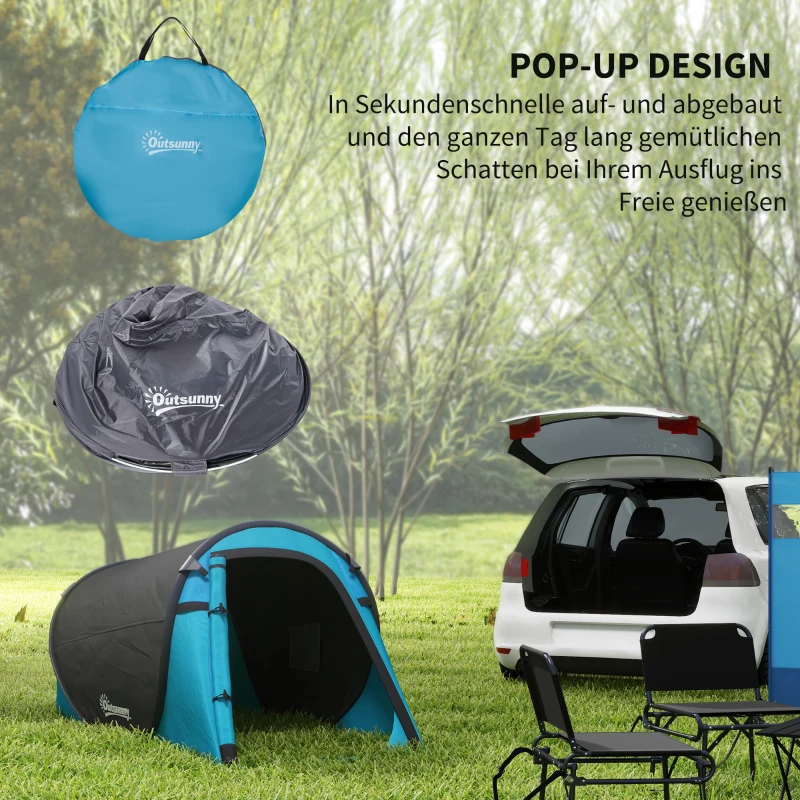 Outsunny Pop up Zelt für 1-2 Personen Campingzelt für 3 Jahreszeiten Polyester Glasfaser Blau+Grau 220 x 108 x 110 cm