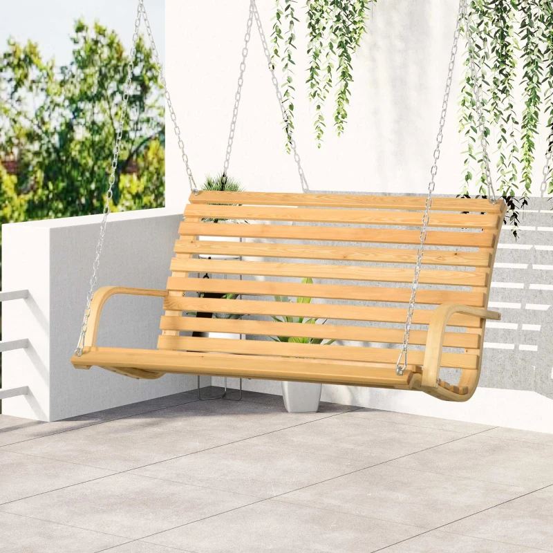 Outsunny Banc Suspendu 2 places balancelle de jardin en bois assise et dossier à lattes chaînes incluses naturel