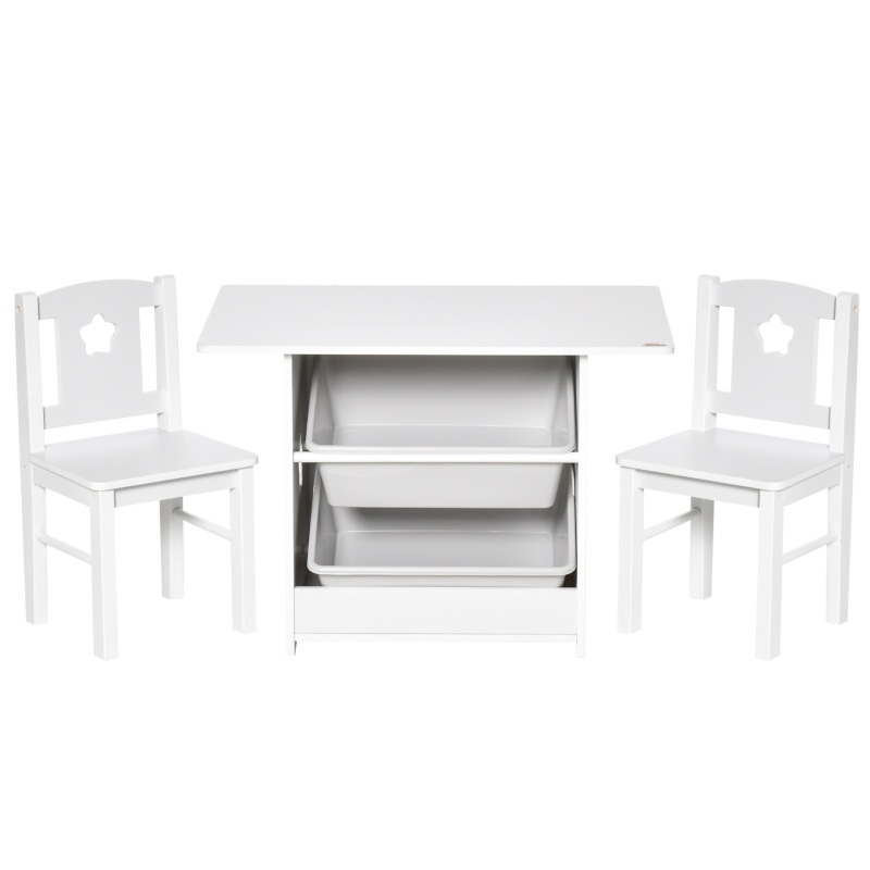 HOMCOM 3-tlg. Kindersitzgruppe mit 1 Kindertisch 2 Stühle Sitzgruppe mit Stauraum Kindermöbel für Kleinkind ab 2 Jahre Weiß+Grau 71 x 48 x 49,5 cm