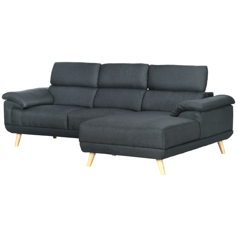 HOMCOM 3 Seater Corner Sofas for Living Room with Adjustable Headrest, Fabric L Shaped Sofa Settee, Couch, Dark Grey